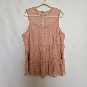 TORRID LACE BLOUSE MOCK NECK SHIRRED HEM PULL OVER KEY-HOLE BACK PEACH (2=18/20)